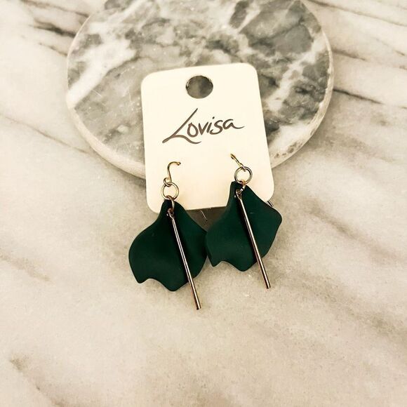 LoVisa Acrylic Orchid Earrings Green Gold Toned Metal Dangle Drop NWT - Picture 1 of 6